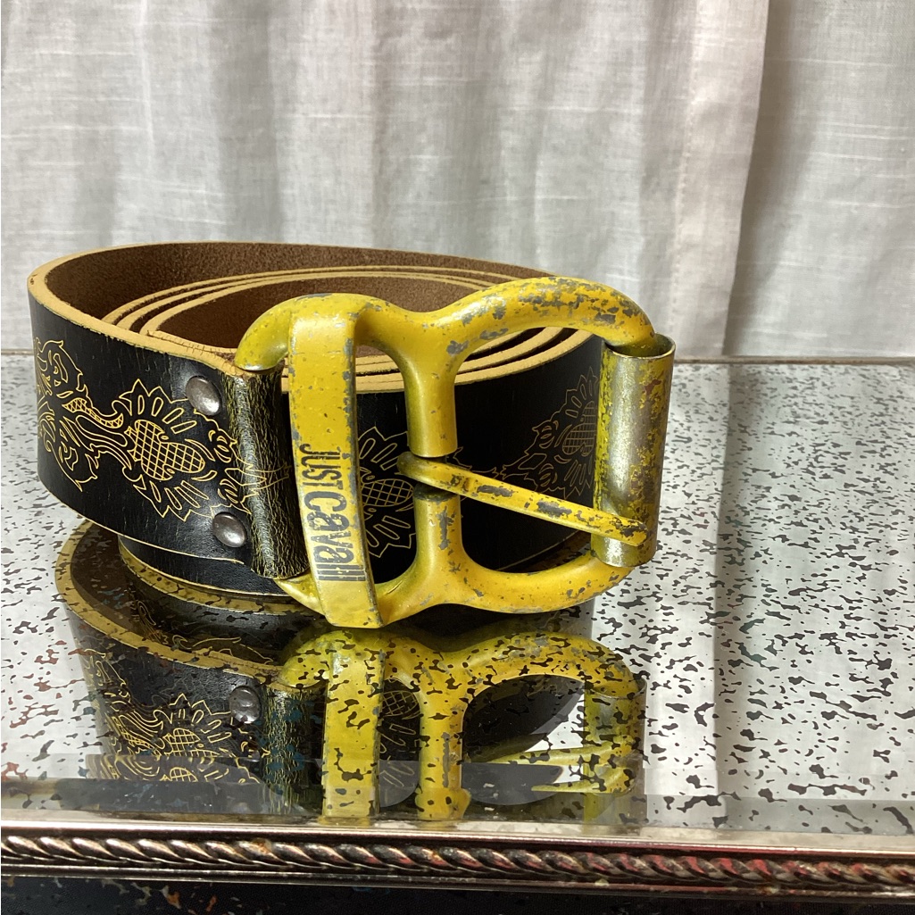 Just Cavalli Genuine Leather Black And Yellow Belt; Size: 100